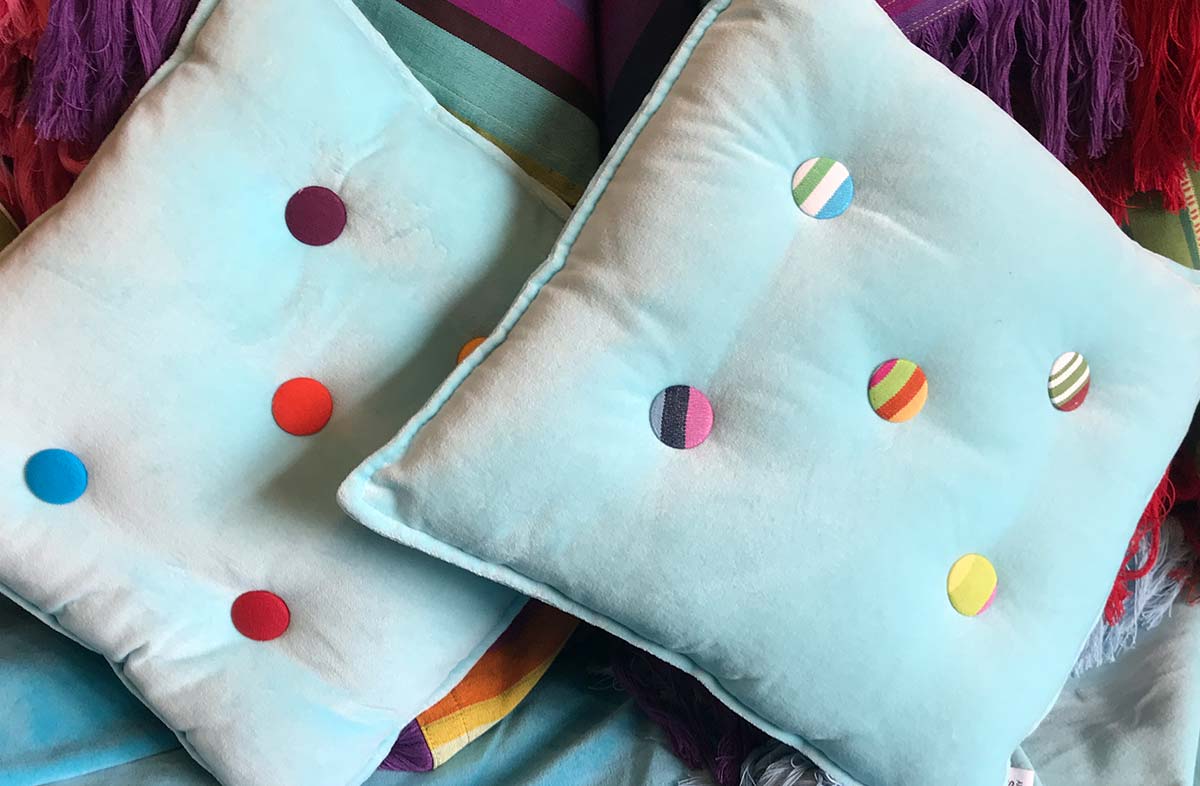 Small Aqua Velvet Cushions Stripe Buttons