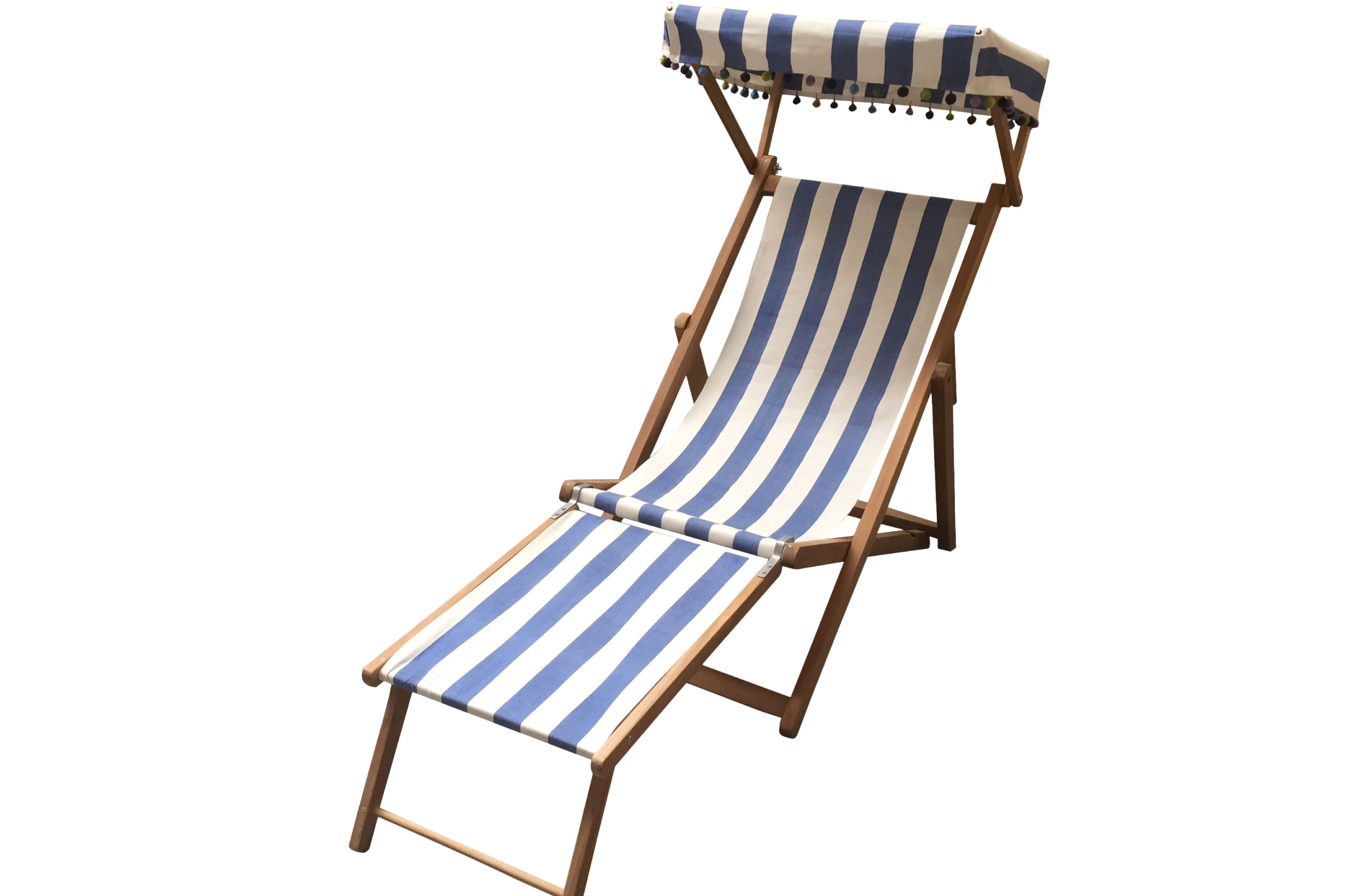 Blue & white striped Edwardian Deckchairs with Canopy and Footstool