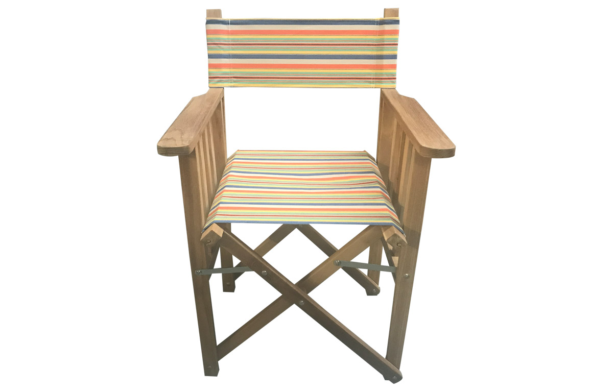 Director Chair with dark blue, beige, orange stripe covers  
