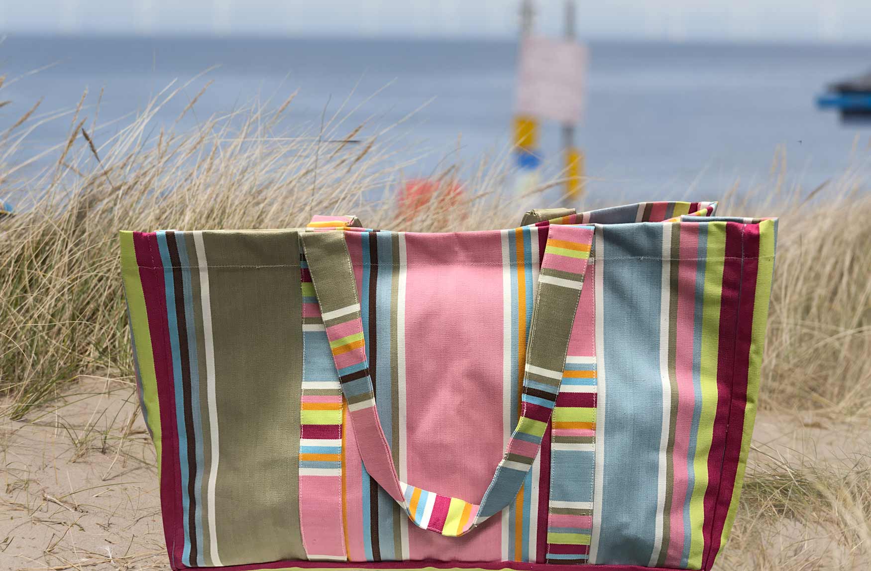 Pink, Beige Grey, Pale Blue Stripe Extra Large Beach Bags