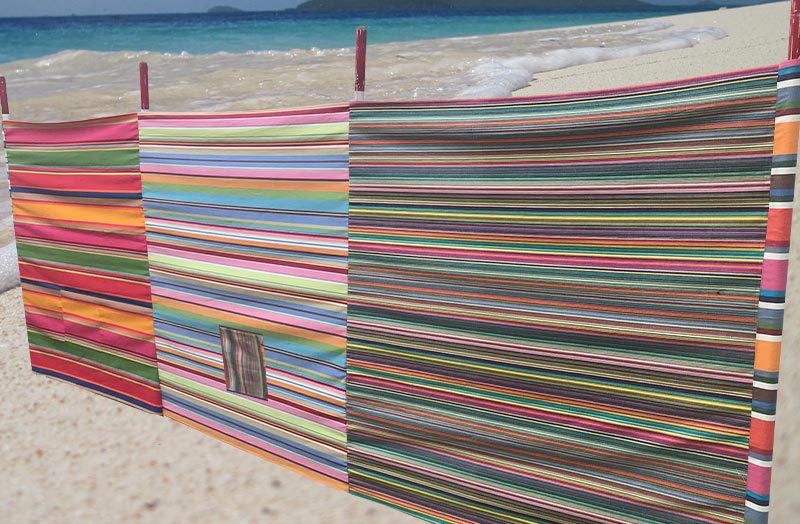 Beach Windbreak made from a random selection of striped fabrics
