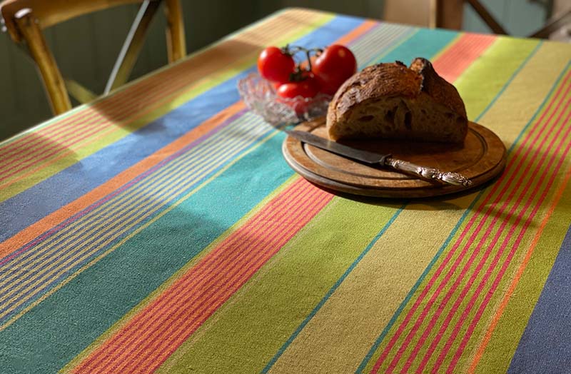 Large Green, Blue, Terracotta Stripe Linen Tablecloth