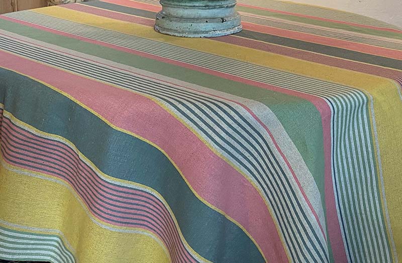 Yellow, Salmon Pink, Sage Green Striped Linen Tablecloths