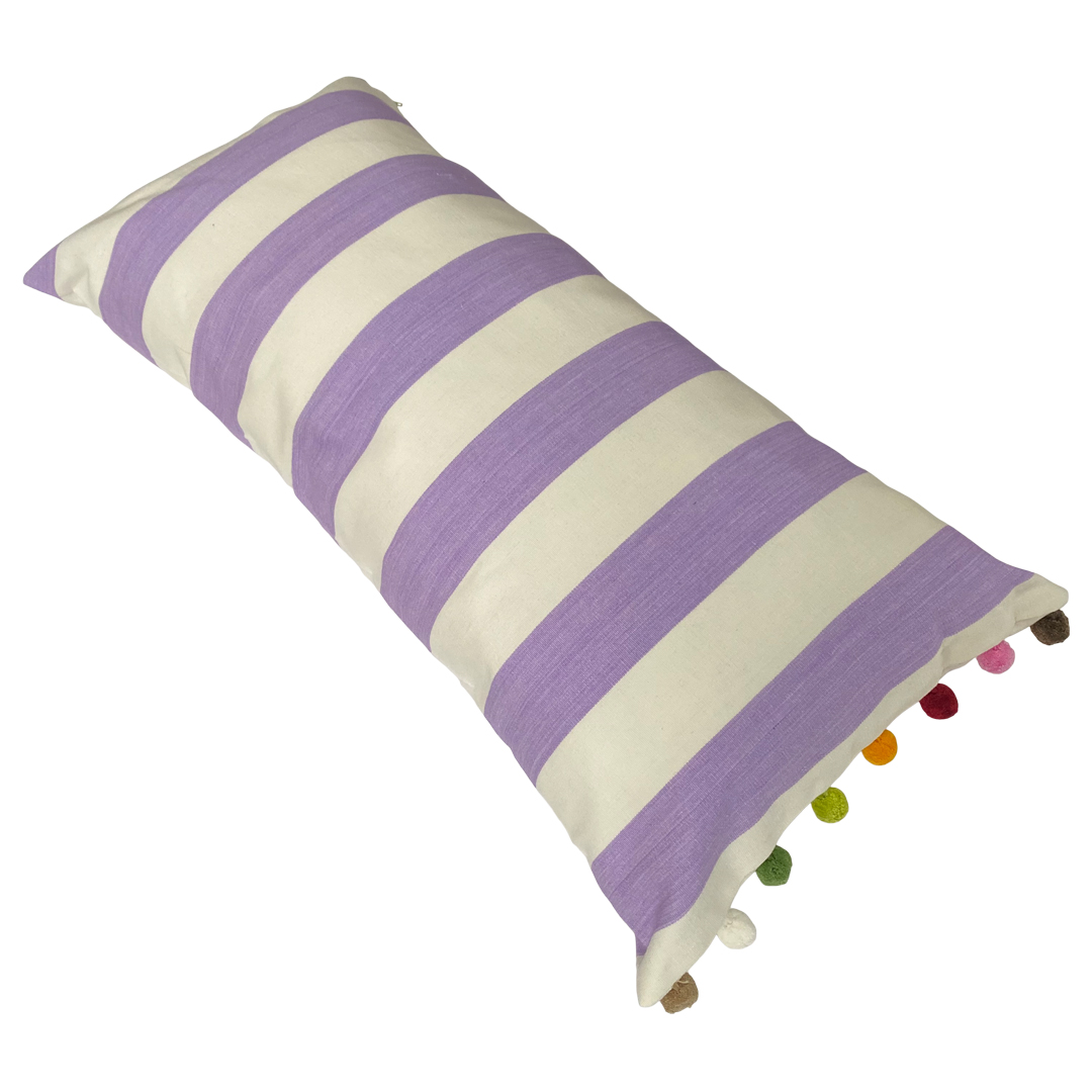 lilac stripe pom pom cushion