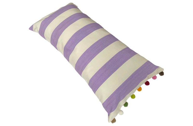 Purple and White Striped Oblong Cushions with Bobble Fringe