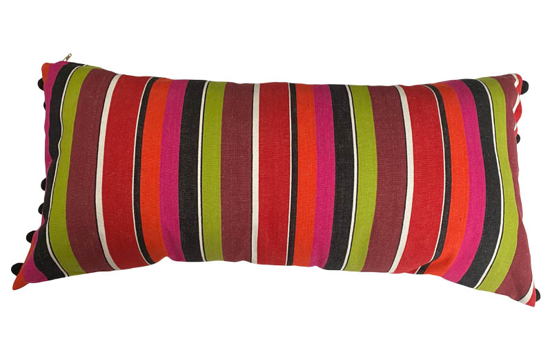 Pink, Black, Lime Green Striped Oblong Cushions with Bobble Fringe 