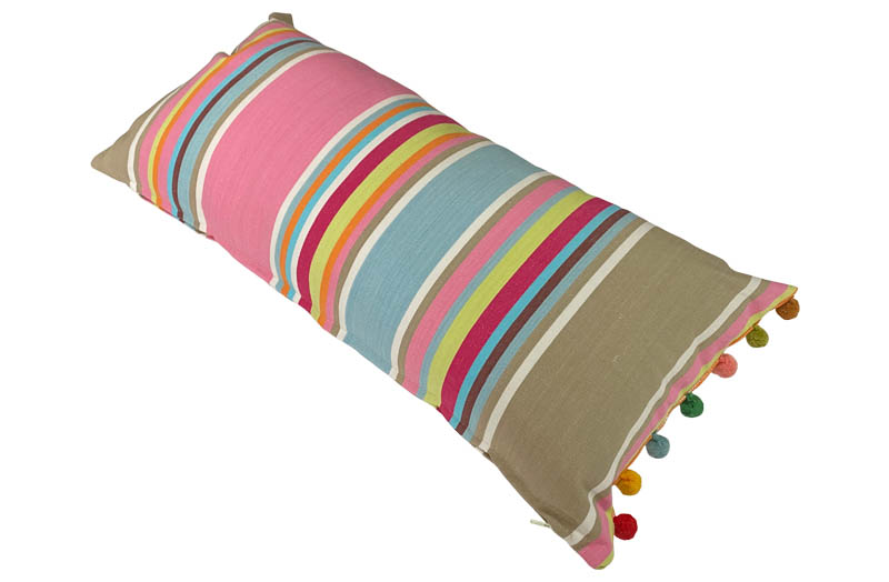 Pink, Taupe, Blue Striped Oblong Cushions with Bobble Fringe 