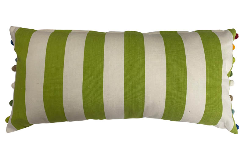 Lime Green, White Striped Oblong Cushions with Bobble Fringe