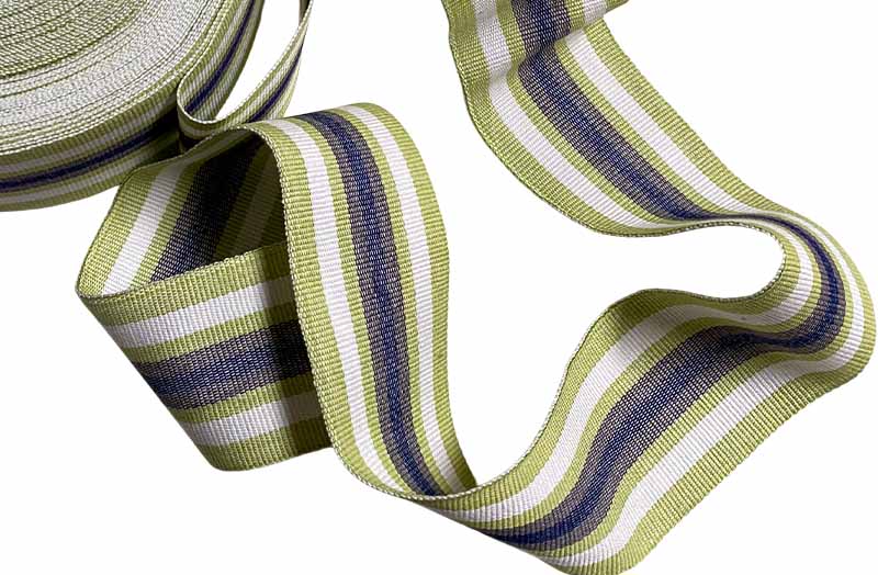 Lime Green, White, Grey Blue Striped Webbing | Upholstery Webbing