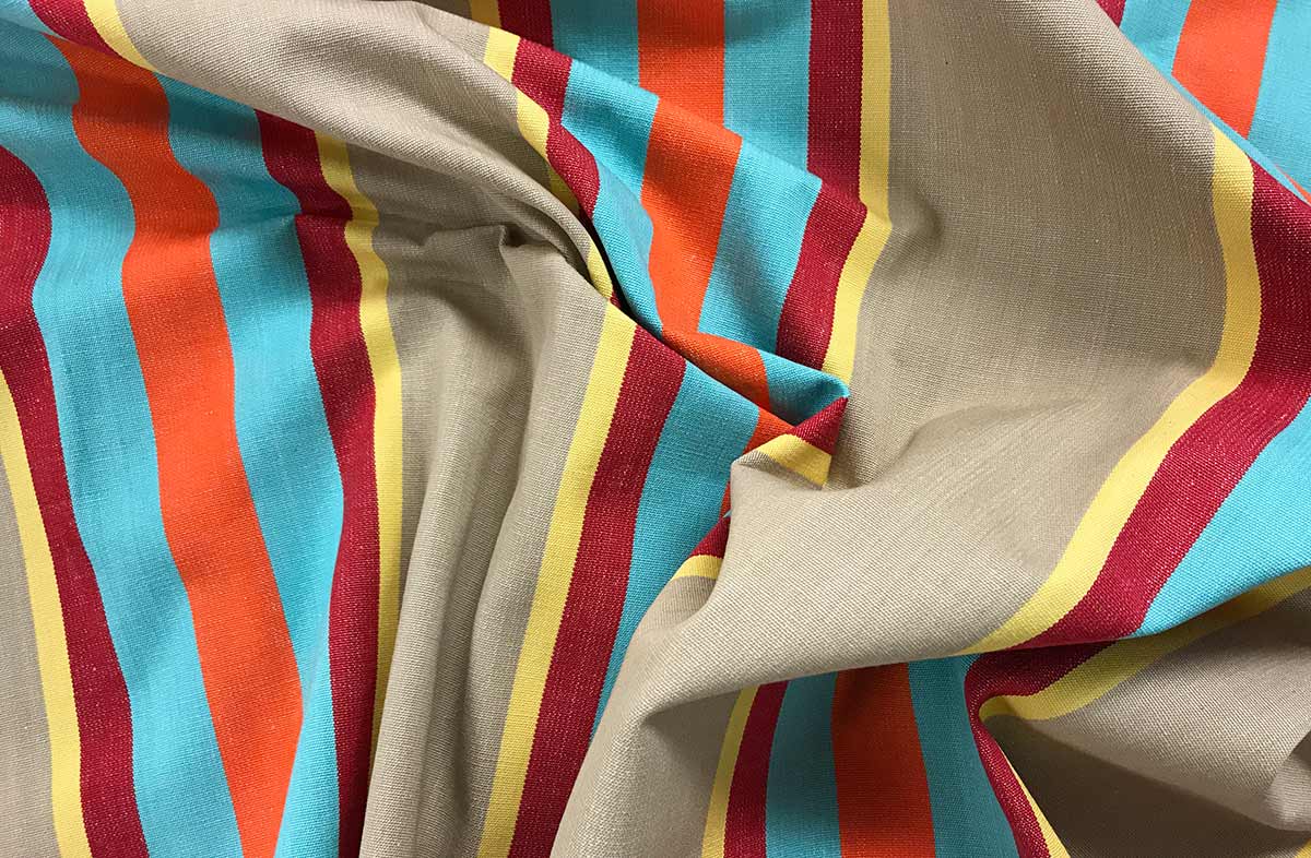 Vintage Look Fawn Striped Fabric with terracotta, turquoise, dark red and lemon yellow stripes