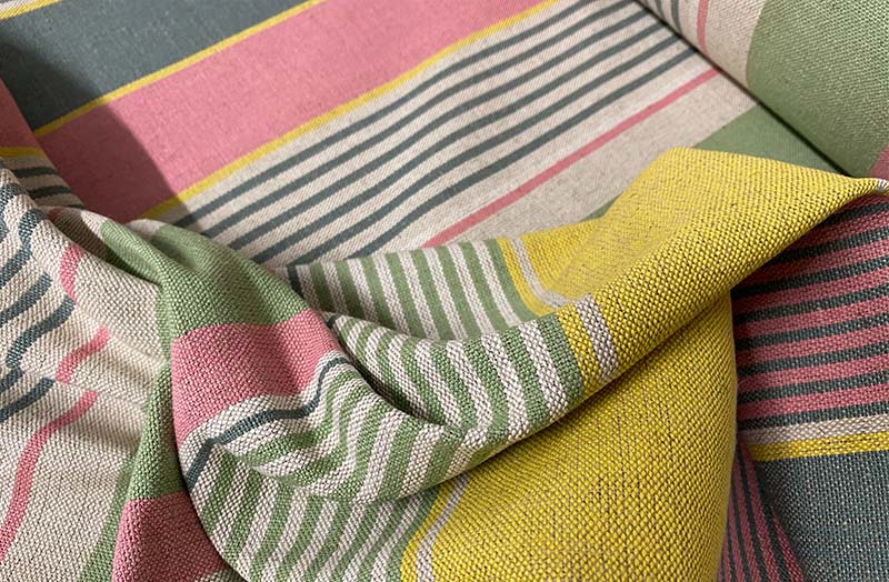 Yellow, Salmon Pink, Sage Green Striped Linen Fabric