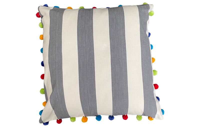 Charcoal Grey and White Stripe Pompom Cushions