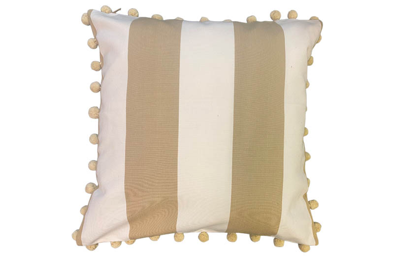 Sandy Beige, White Striped Pompom Cushion