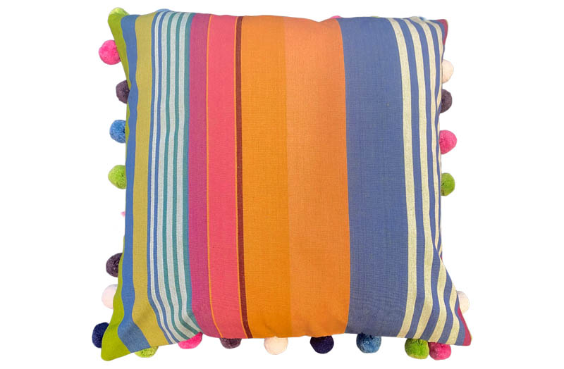 Green, Blue, Terracotta Stripe Pompom Cushions