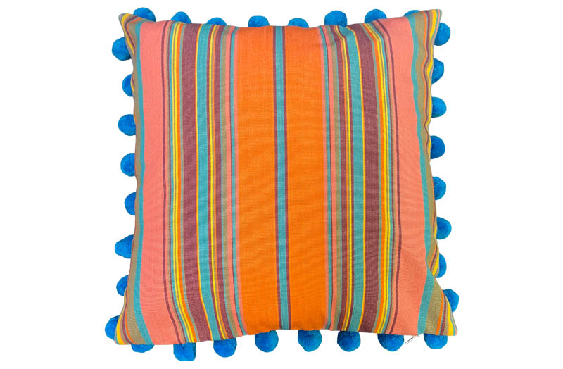 turquoise, salmon pink, tangerine - Striped Pompom Cushions