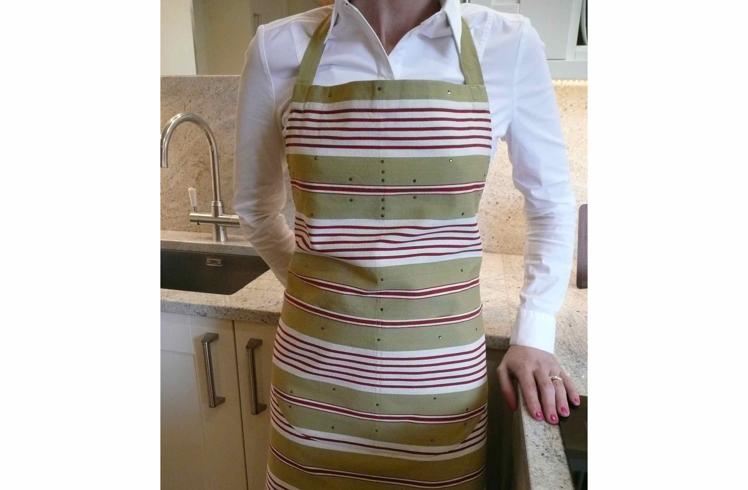 Swarovski Crystal embellished Aprons - Olive, red, white stripe