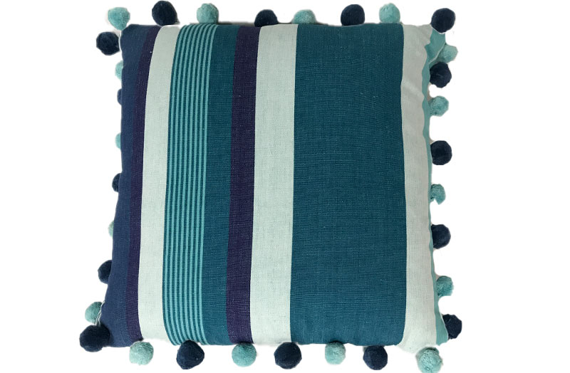 Blue, Teal and Aqua Striped Pompom Cushion
