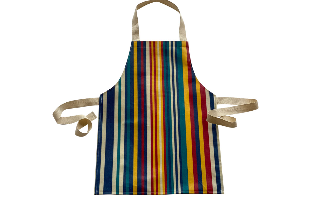 PVC Toddlers Aprons denim blue, cream, turquoise, red and yellow stripes  