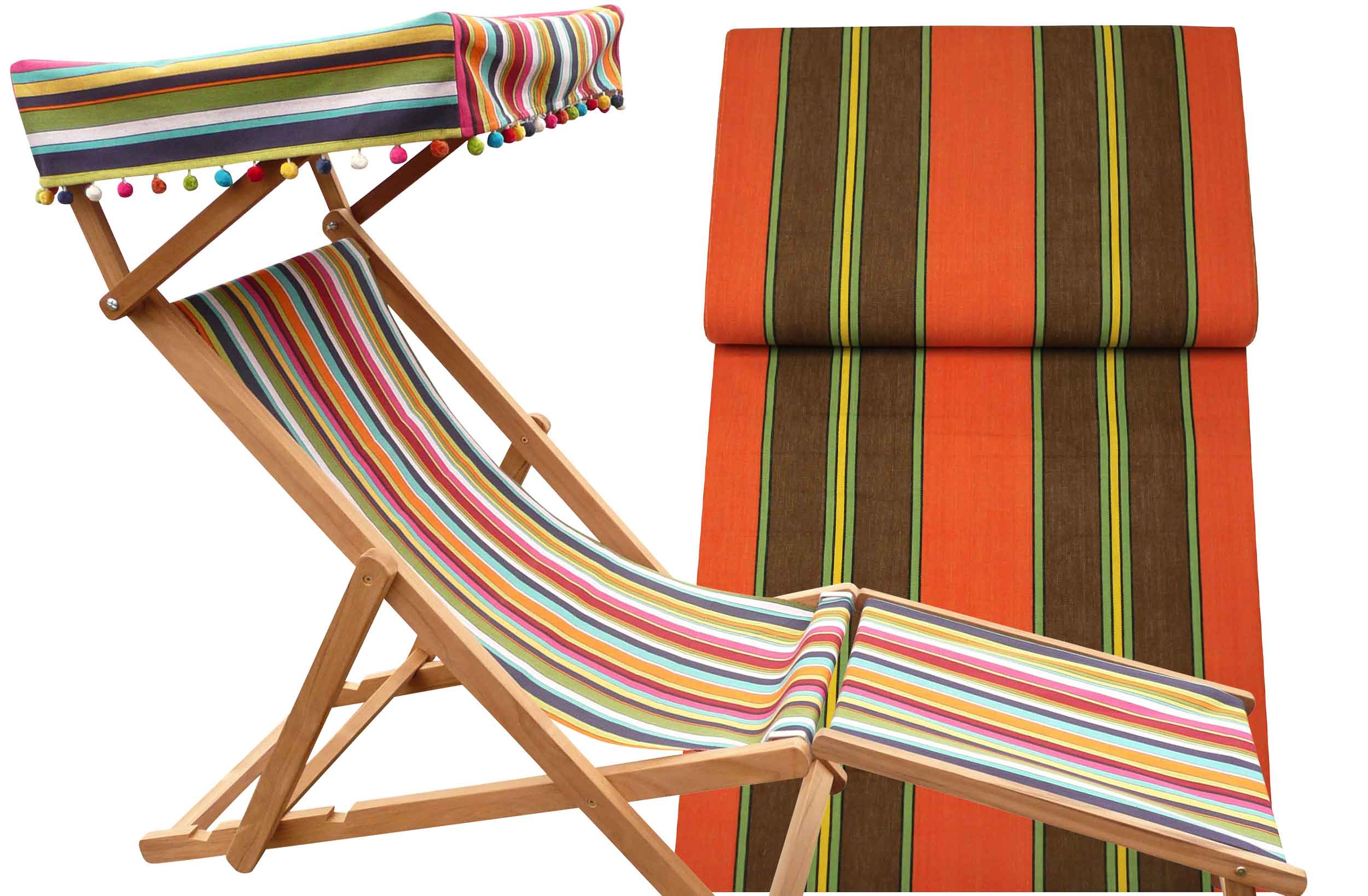 Edwardian Deckchairs with Canopy and Footstool red, green, brown   