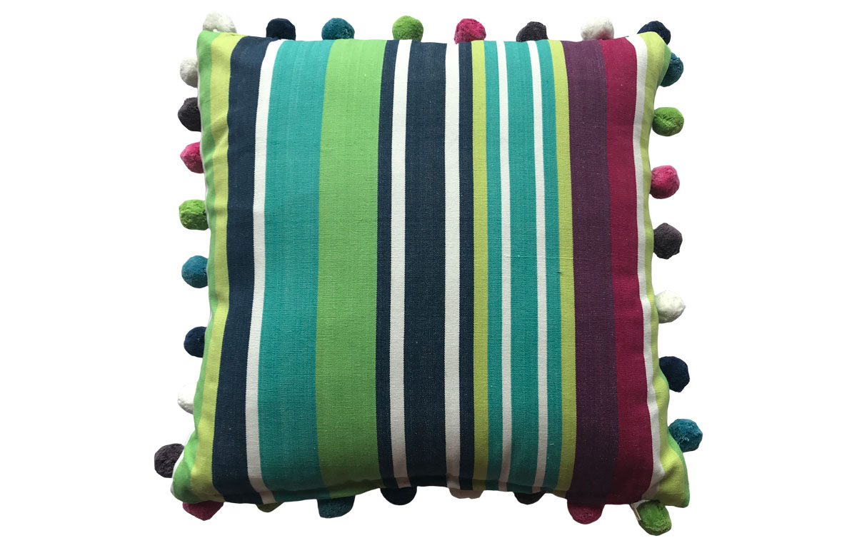 Navy, Turquoise and Lime Striped Pompom Cushions