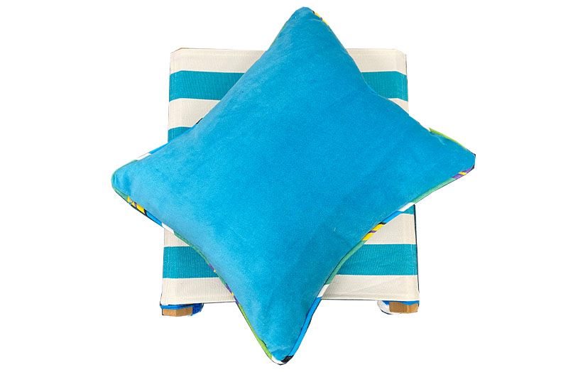 turquoise, white- Cushions piped in classic stripes for stools, footstools and deckchairs