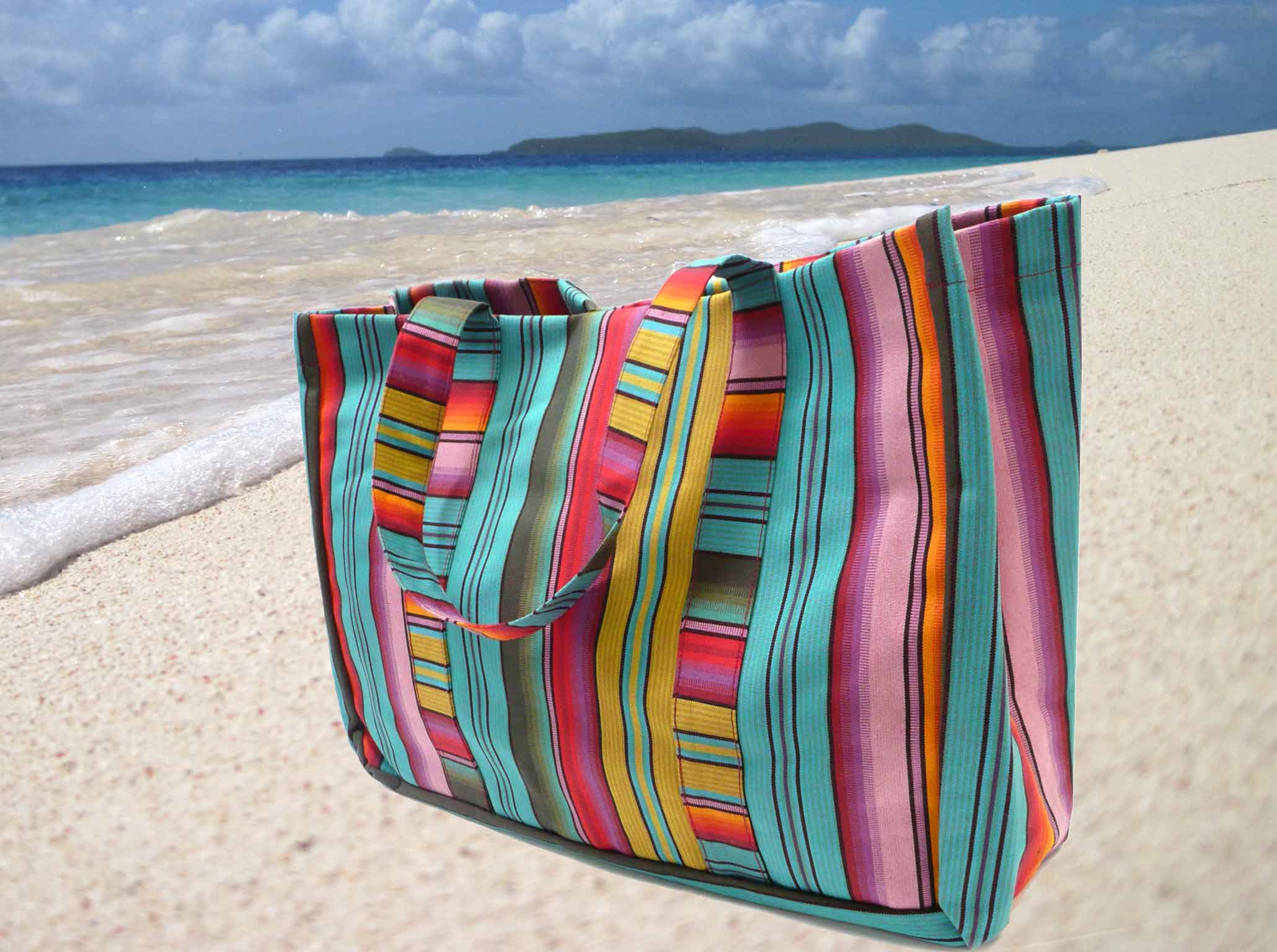 Turquoise Striped Beach Bag 