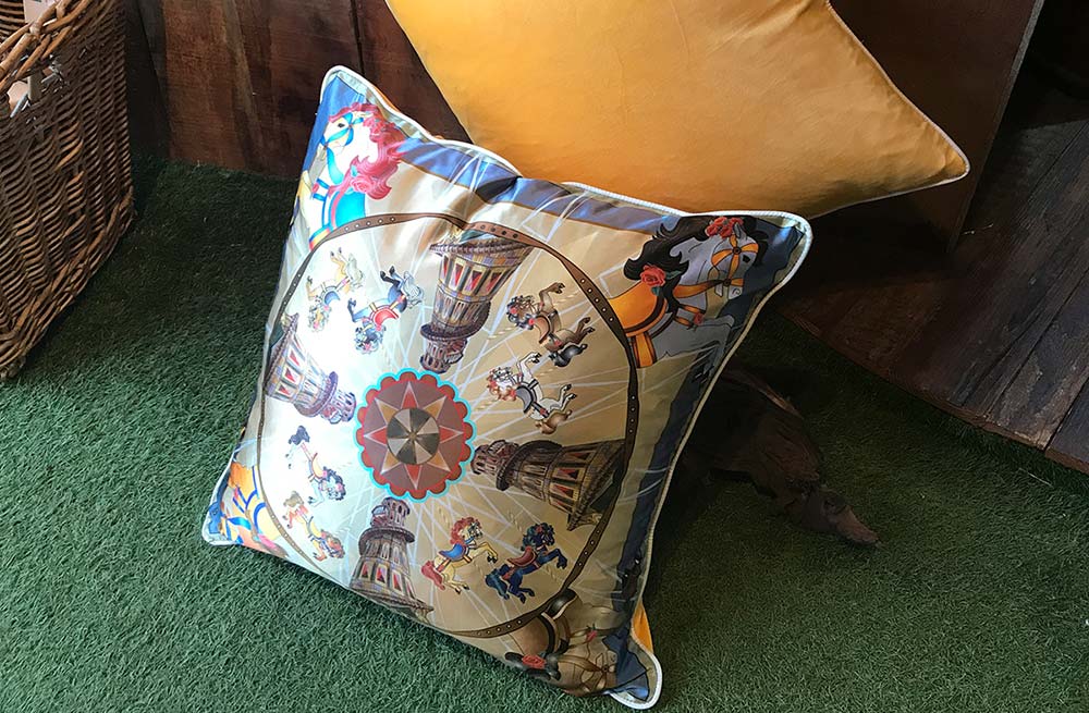 Large Silk and Velvet Cushion with Vintage Helter Skelter Fairground Design